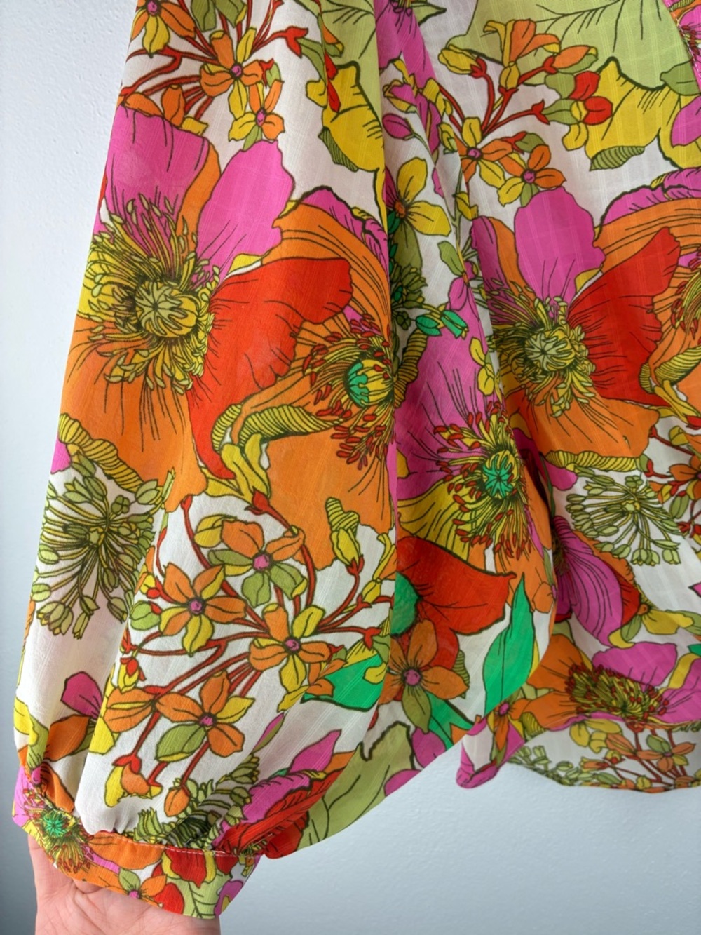 Rose + Olive Floral Tie Front Blouse Medium Bright Boho High Low Top M - Picture 4 of 7